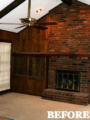 Dark Living Room Before-and-After - Home Makeover Ideas Fireplace With Wood Paneling Wall, Fireplace Before And After, House Flipping Before And After, Fireplace Makeover Before And After, Fireplace Bricks, Update Brick Fireplace, Before And After Fireplace, Fireplace Painting, Fireplace Makeovers