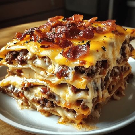 Bacon Recipes For Dinner Main Dishes, Bacon Lasagna Burger, Easy Recipes Italian, Intermediate Cooking Recipes, Foodnetwork.com Recipes The Kitchen, Bacon Cheeseburger Lasagna, Parmesan Garlic Bacon Cheeseburger Lasagna, Dinners For A Big Family, Fast And Easy Dinner Recipes For Two