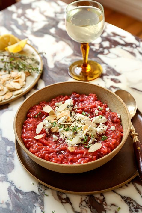 Creamy Beetroot Risotto with Thyme, Feta & Almonds — judilicious and nutritious Risotto Bar, Healthy January, Beetroot Risotto, Beet Risotto, January Recipes, Mediterranean Foods, Barley Risotto, Beetroot Recipes, Feta Cheese Recipes