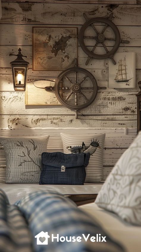 Vintage Maritime Accessories Ship Themed Bedroom, Vintage Nautical Aesthetic, Nautical Bedroom Ideas, Maritime Aesthetic, Sailor Room, Rustic Beach House Decor, Nautical Interior Design, Seashell Chandelier, Coastal Bedroom Ideas