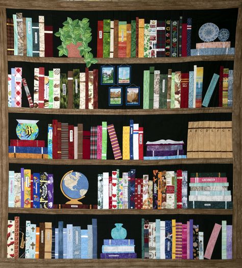 Bookshelf quilt is threaded with personal details Bookshelf Quilts, Bookcase Quilts, Bookshelf Quilt, Quilt Blocks Easy, Bookshelf Art, Crackle Painting, Bookcase Design, Sewing Crafts Tutorials, Quilts Ideas