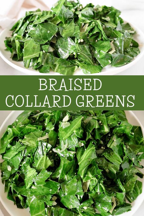 Braised Collard Greens ~ Southern-style greens slow-simmered with lots of garlic, onions, and simple seasonings. Vegetarian and vegan. Collar Greens, Easy Collard Greens Recipe, Braised Collard Greens, Vegan Collard Greens, Fluff Salad Recipes, Braised Greens, Collard Greens Recipe, Bbq Tofu, Green Garlic