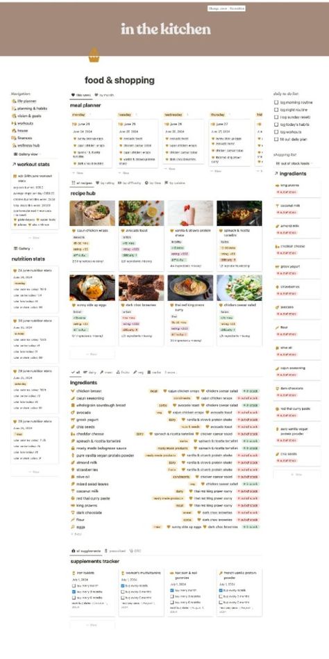 notion meal planner Notion Shopping List, Notion Meal Planner, Food Shopping List, Food Planner, Easy Meals For College Students, Meal Planner Template, Food Hub, Day Planner Design, College Planner