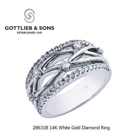 This 14K White Gold Diamond ring is modern classic. This #diamond ring features round shared prong set diamonds in a glamorous criss cross design. Visit your local #GottliebandSons retailer and ask for style number 28631B. http://www.gottlieb-sons.com/product/detail/28631B 14k White Gold Diamond Ring, Hand Rings, Right Hand Rings, Gold Diamond Ring, Cross Design, Cross Designs, Must Have Items, Diamond Bands, White Gold Diamonds