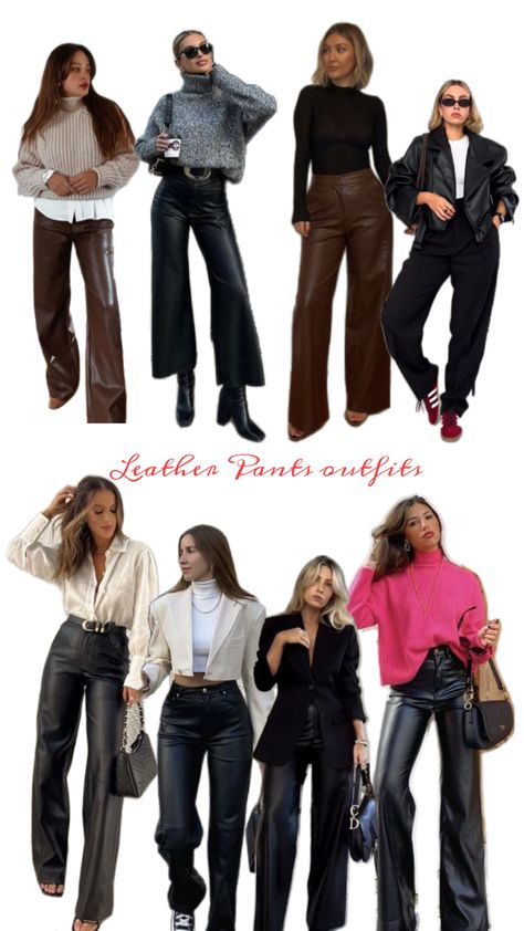 How to style leather pants Wide Legged Leather Pants Outfit, Leather Pants Formal Outfit, Wide Leg Leather Trousers Outfit, How To Style Leather Pants, Leather Trousers Outfit, Style Leather Pants, Leather Pants Outfits, Trousers Outfit, Leather Pants Outfit