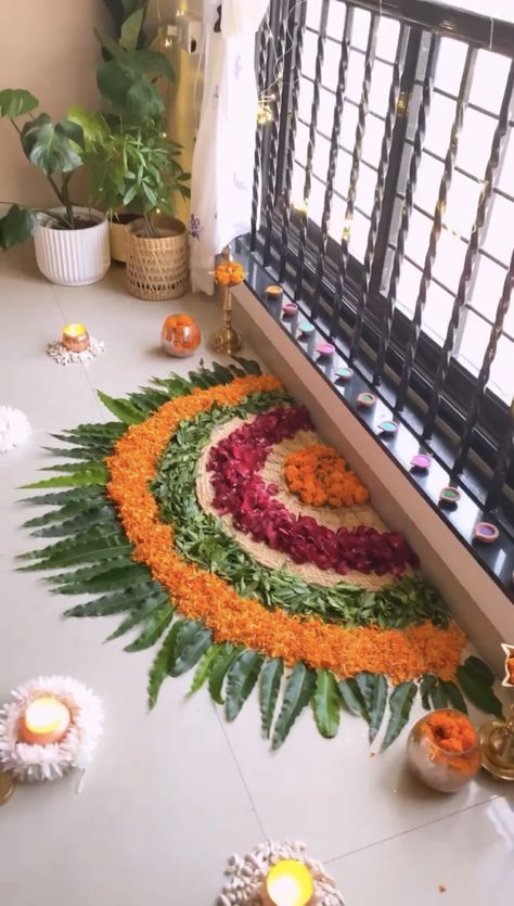 Inogration Decoration, Rudrabhishek Decoration, Housewarming Rangoli Designs, Mandir Flower Decoration, Rangoli Wedding, Rangoli Decoration, Diwali Aesthetic, Floral Rangoli, Simple Flower Rangoli