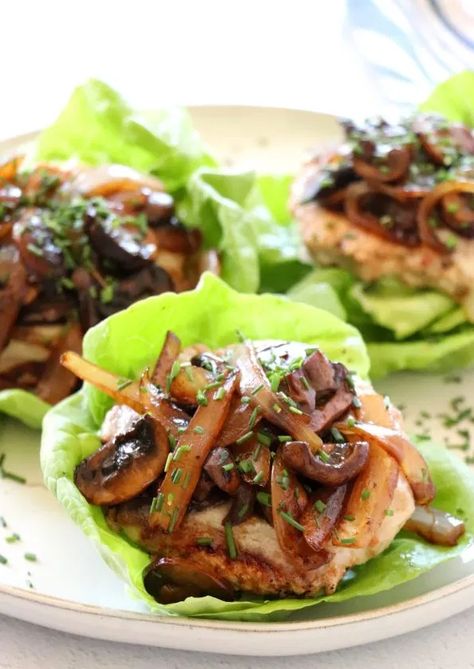 Mushroom Pinwheels, Burger Lettuce Wraps, Burger Lettuce, Turkey Mushroom, Swiss Burger, Mushroom Swiss Burger, Turkey Patties, Asian Lettuce Wraps, Bunless Burger