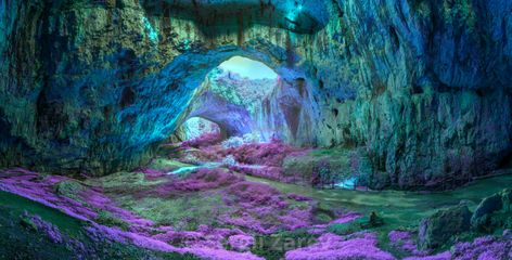 "Mystical cave in bright fantastic colors" by Sergii Zarev - US$3.32 Mystical Cave Art, Fantasy Cave Home, Fantasy Cave, Magical Cave, Mushrooms Fairy, Mystical Landscapes, Crystal Caves, Cool Optical Illusions, Wildest Fantasy