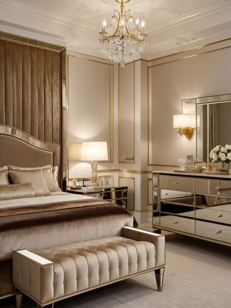 Create a sophisticated and elegant beige art deco bedroom by incorporating a statement mirrored dresser and a luxurious velvet upholstered bed. Enhance the glamorous ambiance with gold accents and crystal chandeliers for a touch of opulence. Beige And Gold Bedroom, Hollywood Glam Bedroom, Mirrored Dresser, Gold Bedroom Decor, Velvet Upholstered Bed, Art Deco Bedroom, Glam Bedroom, Deco Bedroom, Gold Bedroom