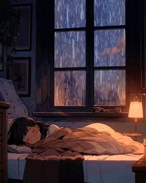 Sleep Cartoon, Rain Animation, Rain Sleep, Simple Anime, Vintage Illustration Art, Raining Outside, Dark Nature Aesthetic, Girl Sleeping, Night Scenery