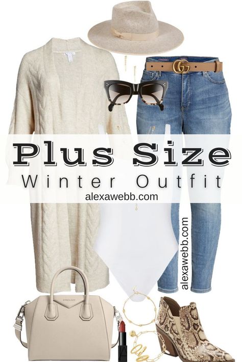 Plus Size Duster Cardigan Outfit with long cable knit cardigan, bodysuit, jeans, and ankle booties for fall and winter - Alexa Webb #plussize #alexawebb Long Cable Knit Cardigan Outfit, Jeans And Cardigan Outfit Winter, Cable Knit Cardigan Outfit, Jeans And Cardigan Outfit, Cardigan Outfit Winter, Duster Cardigan Outfit, Cream Cardigan Outfit, Jeans And Cardigan, Plus Size Duster