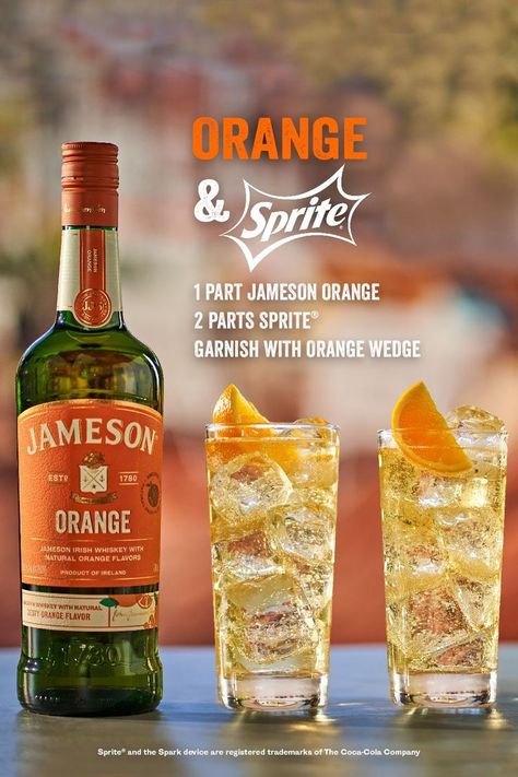 Jameson Whiskey Drinks, Jameson Orange, Jameson Drinks, Sprite Recipe, Jameson Cocktails, Whiskey Drinks Recipes, Bartender Drinks Recipes, Irish Drinks, Desert Drinks