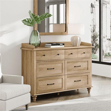 The 6 drawer chest is designed with changing table for changing diapers or clothing so that it could be used as baby dresser and nursery dresser perfectly. Six deep drawers offer ample space for a variety of daily supplies. Sturdy frame and great material will make sure better stability so the white dressers can stand freely without any wobble and offer long life span. Color: Brown. Best Dresser For Nursery, Small Nursery Dresser, Natural Wood Nursery Furniture, Songesand Dresser, Dresser Light Wood, Baby Dresser Changing Table, Tan Dresser, Nursery Furniture Ideas, Mid Century Modern Closet