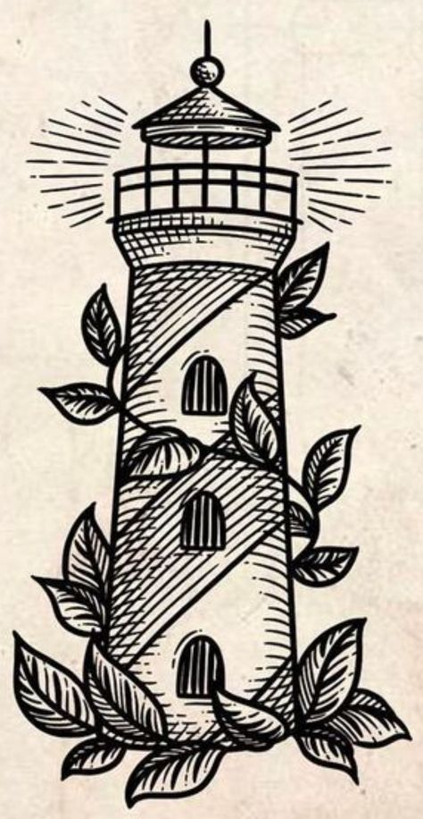 Thousand Years Tattoo, Lighthouse Drawing Tattoo, Old School Tattoo Leg, Old School Lighthouse Tattoo, Lighthouse Traditional Tattoo, Lighthouse Tattoo Traditional, American Traditional Lighthouse Tattoo, American Traditional Black And White, Oldschool Tattoo Black