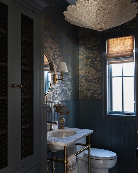 ice blue bathroom Slate Blue Powder Room, All Blue Powder Room, Blue Wainscoting Bathroom, Black White And Blue Bathroom, Deep Blue Bathroom, Dark Blue Bathroom Tiles, Dark Teal Bathroom, Moody Ocean Bathroom, Moody Blue Bathroom