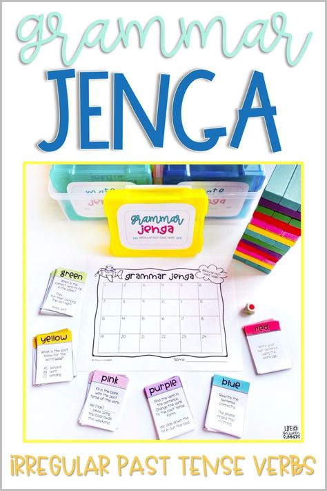 English Grammar Games Activities, Grammar Games High School, Tenses Games Activities, Jenga Learning Games, Grammar Games 4th Grade, Irregular Past Tense Verbs Activities, English Games Teaching, Past Tense Verbs Activities, English Grammar Activities