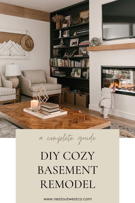 Step-by-step guide for a perfectly cozy DIY basement remodel. Family-friendly features, cozy textures, and modern fixtures in a balanced budget. #smallspaceliving #budgetrenovations #diy #interiordesign #modernfarmhouse #modernbuiltins #coffeetables #peelandstickwallpaper #mantledecor #playroomorganization #bookshelfstyling Diy Basement Apartment Ideas, Organic Modern Basement, Diy Basement Remodel, Fireplace Basement, Basement Transformation, Basement Steps, Cozy Diy, Modern Fixtures, Basement Fireplace