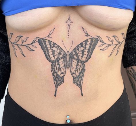 Upper Belly Tattoo, Women’s Tattoos On Stomach, Original Butterfly Tattoo, Womens Stomach Tattoo, Upper Abdomen Tattoo, Butterfly Tattoo Stomach For Women, Woman Abdomen Tattoo, Low Belly Tattoo, Female Stomach Tattoos