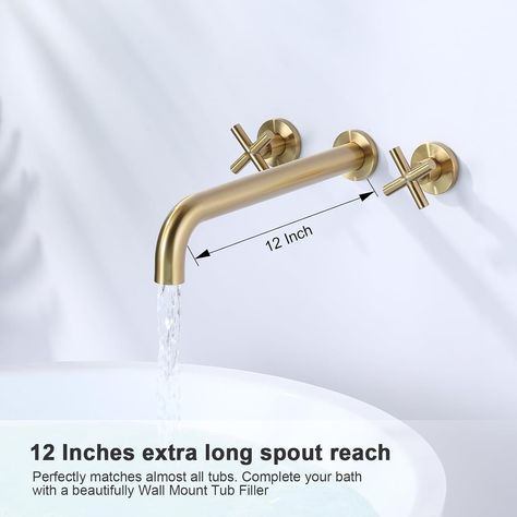 Wall Mount Tub Filler ARCORA Brushed Gold Bathtub Faucet Long Spout Reach, 2 Cross Handles Wall Mount Tub Faucet with Brass Rough in Valve Included - Amazon.com Gold Bathtub, Wall Mount Tub Filler, Wall Mount Tub Faucet, Drop In Tub, Spa Bathroom, Wall Mount Faucet, Bathroom Spa, Tub Filler, Tub Faucet