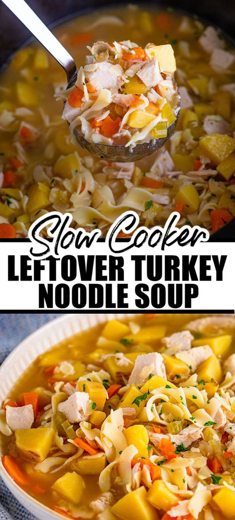 Leftover turkey soup is made in the crock pot and is the perfect recipe to use up some Thanksgiving leftovers. Filled with turkey, vegetables, noodles, and potatoes, this comforting soup will make your house smell amazing as it cooks in the slow cooker. | www.persnicketyplates.com Turkey Stew Recipes Slow Cooker, Leftover Turkey Noodle Soup Crockpot, Crock Pot Turkey Noodle Soup, Turkey Soup With Potatoes, Turkey Noodle Soup Homemade Crockpot, Crock Pot Turkey Soup Recipes, Turkey Corn Noodle Soup, Slow Cooker Turkey Noodle Soup, Leftover Turkey Soup Recipes Crock Pot