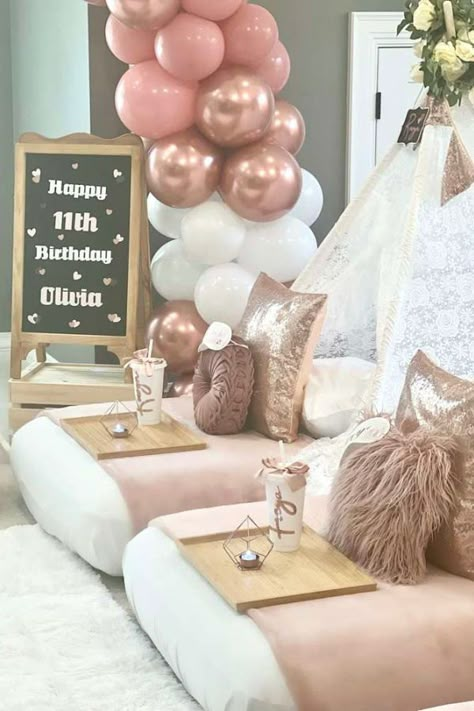 Sleepover Birthday Party Games, Rose Gold Sleepover Party, Boho Bday Party Ideas, Boho Birthday Party Girl, 11th Birthday Party Ideas, Boho Birthday Party Ideas, Boho Sleepover, Rose Gold Boho, Sleepover Tents