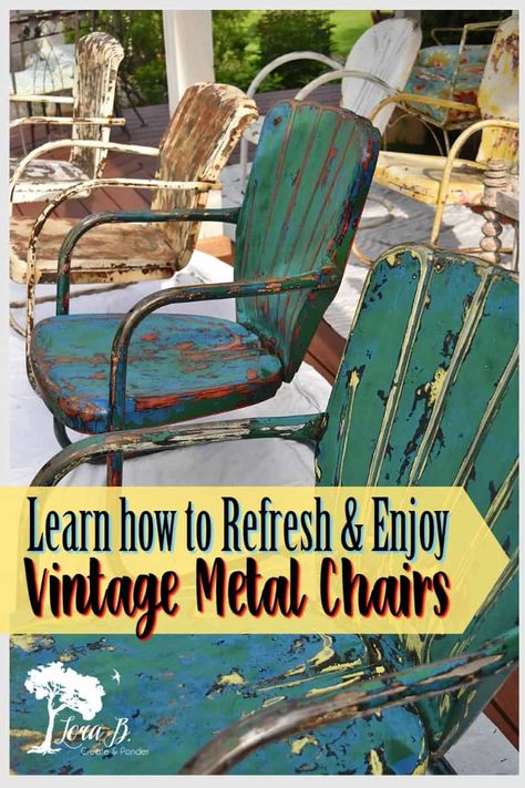 Vintage metal lawn chairs can be refreshed and enjoyed for another generation. Embrace their history and patina with a little sanding and sealing. Expert tips from an experienced vintage seller. #vintagerefresh #repurposed #antiquefixes #savingvintage #vintagetips #vintagefixes #metallawnchairs #oldmetalchairs Retro Metal Chairs, Retro Metal Patio Furniture, Painting Metal Chairs Outdoor Furniture, Vintage Glider Makeover, Metal Chair Painting Ideas, Painting Metal Outdoor Furniture, Vintage Glider, Behind Toilet Decor, Patio Chairs Makeover