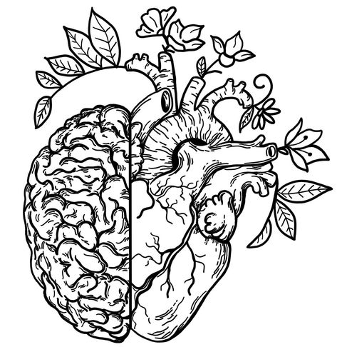 Brain Coloring Page, Medical Artwork, Heart With Flowers, Line Tattoo Ideas, Anatomical Heart Tattoo, Heart And Brain, Half Heart, About Heart, Pen Art Drawings