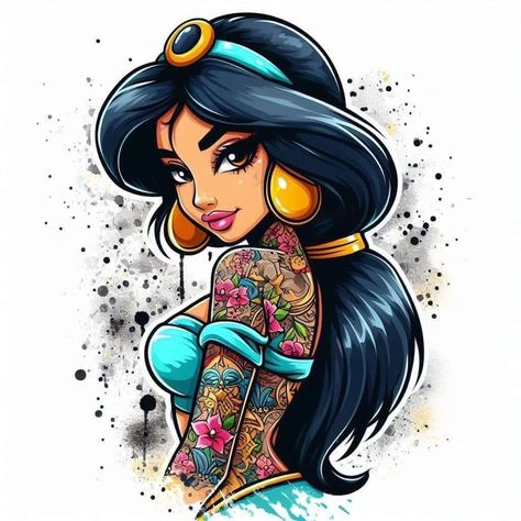 Disni Princes, Punk Disney Characters Princess Gone Bad, Punk Disney Characters, Dark Disney Princess, Dark Disney Art, Disney Pin Up, Goth Disney Princesses, Goth Disney, Disney Sleeve