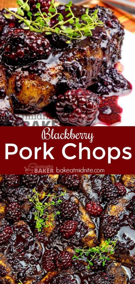 Delicious pork chops in a blackberry sauce is easy enough for every day! Blackberry Sauce For Pork, Pork Chops With Blackberry Sauce, Blackberry Sauce Recipe, Berry Dinner Recipes, Pork Chop Recipes With Fruit, Blackberry Recipes Dinner, Blackberry Pork Chops, Entree Ideas Dinner, Blackberry Sauce For Meat