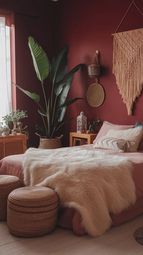 40+ Dark Boho Bedroom Ideas Your Friends Will Copy Red Boho Room, Dreamy Boho Bedroom, Moody Red Bedroom, Bedroom Ideas Burnt Orange, Sensual Bedroom Decor, Jewel Toned Bedroom, Bordeaux Bedroom, Dusty Rose Bedroom, Moroccan Bedroom Decor