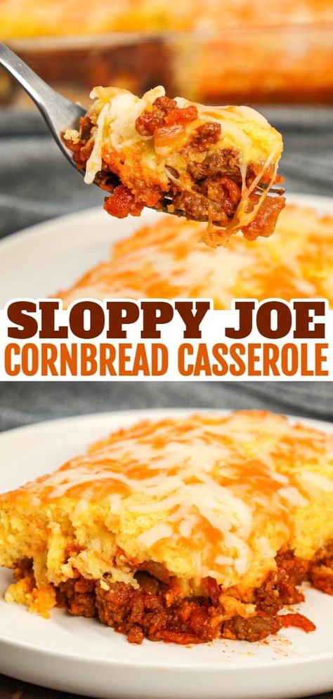 Sloppy Joe Cornbread Casserole is a hearty hamburger casserole with a base of crumbled ground beef in sloppy joe sauce topped with a layer of Jiffy cornbread. Quick Family Dinners With Ground Beef, Sloppy Joe Jiffy Cornbread Casserole, Hamburger Meat Recipes With Cornbread, Jiffy Cornbread Dinner Ideas, Easy Hamburger Casseroles Ground Beef, Ground Meat And Cornbread Recipes, Different Recipes For Ground Beef, Jiffy Cornbread Hamburger Casserole, Cornbread Bake Casserole