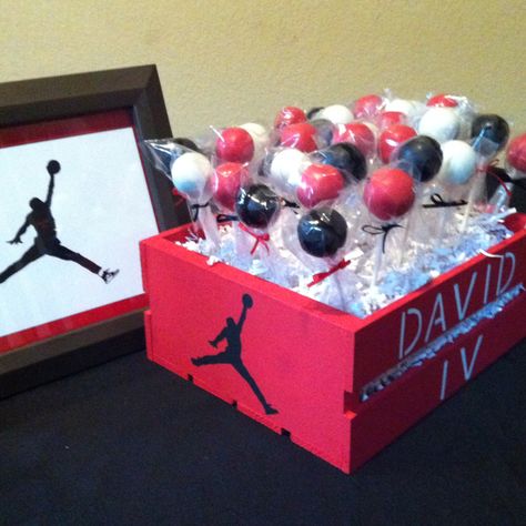 Cake pops and crate I painted for a Michael Jordan baby shower. Michael Jordan Birthday Party Decor, Air Jordan Birthday Party Ideas, Jordan Theme Birthday Party Ideas, Jordan Decorations, Michael Jordan Cake, Michael Jordan Birthday, Jordan Birthday, Jordan Cake, Jordan Year