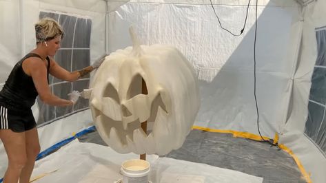 Giant Jack-O-Lanterns | Hot Wire Foam Factory Giant Scarecrow Diy, Cement Jack O Lantern, Diy Textured Pumpkins, Giant Jack O Lantern, Large Halloween Props Diy, Foam Halloween Decor, Diy Giant Jack O Lantern, Diy Spray Foam Halloween Decorations, Diy Giant Pumpkin