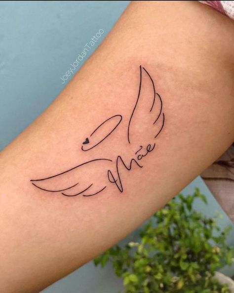 Angel Wings Tattoo Inner Bicep, Name With Halo Tattoo, Name Tattoo With Wings, Name With Angel Wings Tattoo, Tattoo Para Mae, Small Remembrance Tattoos Simple, Simple Angel Tattoos, 19 Tattoo, Tato Nama