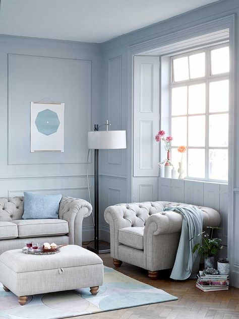 Warm Neutral Living Room Ideas | The OFL Blog Pale Blue Lounge Ideas, Pale Blue And Grey Living Room, Living Room Decor Dark Wood, Room Decor Dark Wood, Pastel Blue Living Room, Light Blue Living Room Walls, Pale Blue Living Room, Grandma Interior, Living Room Decor Dark