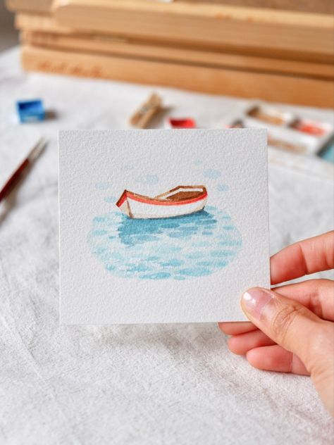 Watercolor illustration Watercolor Cottage Simple, Watercolor Minimalist Art, Mini Watercolor Paintings, Quick Watercolor, Tiny Watercolor, Mini Watercolor, Boat Illustration, Watercolor Beginner, Learn Watercolor