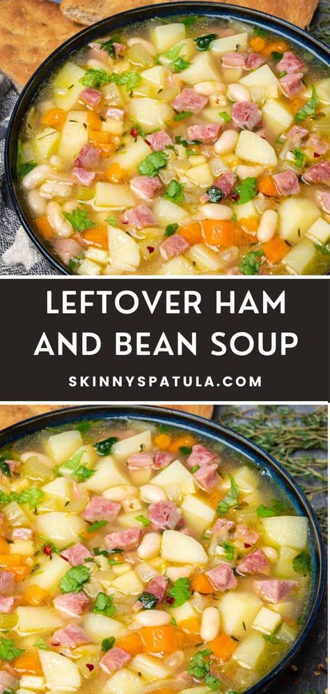 Leftover Ham and Bean Soup – Skinny Spatula Soups With Leftover Ham, Ham Bean And Potato Soup, Ham Soup Recipes Leftover, Bean And Ham Soup Recipes, Ham Bean Soup Recipes, Ideas For Leftover Ham, Ham Bone Bean Soup, Ham And Bean Soup Recipes, Easy Ham And Bean Soup