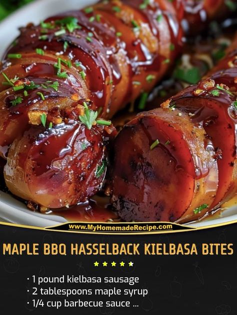 My mother Easy recipes Hasselback Sausage Bites, Maple Bbq Hasselback Kielbasa Bites, Hasselback Kielbasa Bites, Hasselback Kielbasa, Kielbasa Appetizer, Kielbasa Bites, Bbq Snacks, Kielbasa Recipes, Kielbasa Sausage