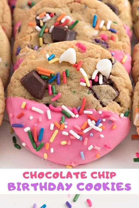 Easy to make chocolate chip cookies for any birthday celebration. These Birthday Cookies are the softest homemade chocolate chip cookies! They're dipped in chocolate and will remind of you a delicious birthday cake. These are the best funfetti cookies you'll ever bake! #dessert #recipes #decorated #happy #easy #simple #DIY #pink #ideas Decorated Birthday Cookies, Vegan Cookie Recipes, Aesthetic Cookies, Simple Cookie Recipe, Chocolate Chip Dip, Cookies Aesthetic, Simple Cookie, Chocolate Chip Shortbread Cookies, Quick Cookies