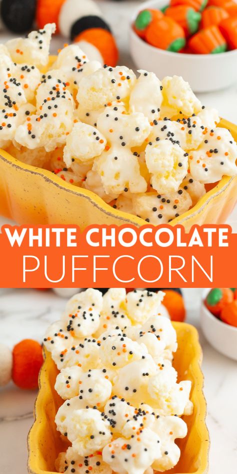 Learn how to make this easy, 3 ingredient Halloween white chocolate puffcorn snack. This puffed corn recipe is a sweet and salty snack with fun Halloween sprinkles. Try making white chocolate covered puffcorn for parties or a fun treat to give away. White Cheddar Popcorn With White Chocolate, White Halloween Treats, White Chocolate Corn Puffs, Hulless Popcorn White Chocolate, Cheeto Puffs With White Chocolate, Puffed Popcorn White Chocolate, White Chocolate Covered Popcorn, White Chocolate Coated Puff Corn, White Chocolate Popcorn Balls