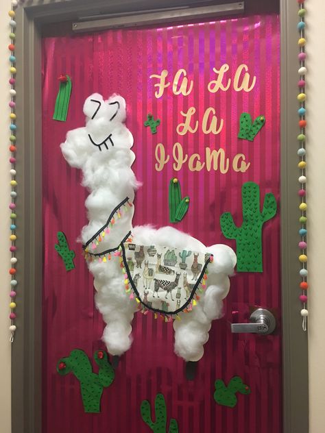 Work holiday door decoration Llama Christmas Decoration, Spanish Christmas Door Decor For School, Llama Christmas Door, Spanish Christmas Door Decorations, Chilling With My Gnomies Classroom Door, Spanish Door Decorations Classroom, Holiday Door Decorations For Work Office, Holiday Door Decorations For School, Holiday Door Decorations For Work