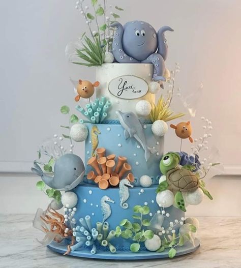 Sea Animal Cake, Sea Animals Cake, Underwater Birthday Cake, Under The Sea Cake, Ocean Birthday Cakes, Underwater Birthday, Elegant Cake Design, Ocean Cakes, Baby First Birthday Cake