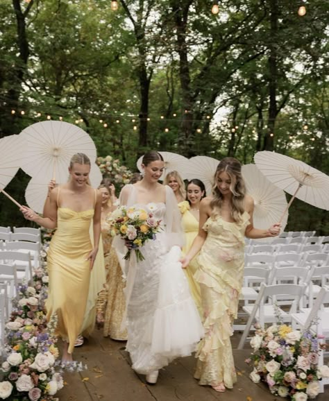 Wedding Gown Garden Party, Yellow Wedding Scheme, Butter Yellow Wedding, Pale Yellow Wedding Theme, Yellow Bridal Party, Pastel Yellow Wedding, Yellow Wedding Party, Wedding Guest Photos, Yellow And Green Wedding