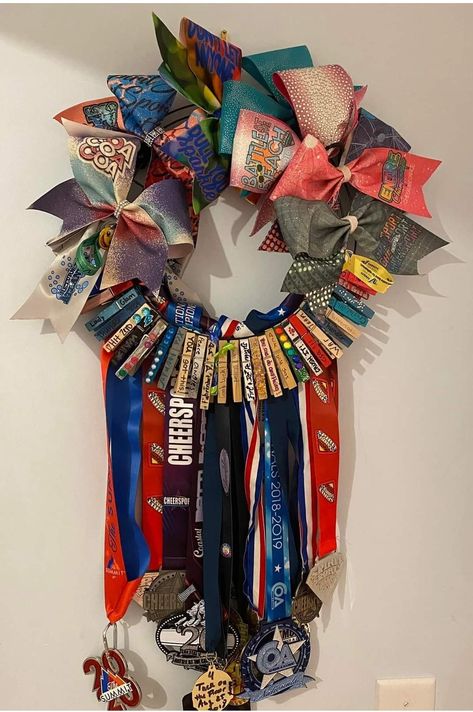 Cheer Closet Organization, Cheer Display Ideas, Cheer Pin Holder, Cheer Bedroom Ideas, Cheer Bow Display, Cheer Pins For Backpacks, Cheer Bedroom, Cheerleading Bedroom, Cheer Room Decor