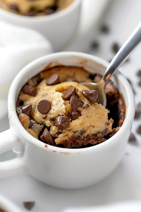 Chocolate Chip Microwave Mug Cake, Cake In A Microwave, Choco Chip Mug Cake, Easy Mug Desserts 3 Ingredients, Chocolate Chip Easy Recipes, 2 Min Desserts, Mug Cake With Chocolate Chips, Chocolate Cookie Mug Cake, Chocolate Chip Mug Cake No Egg