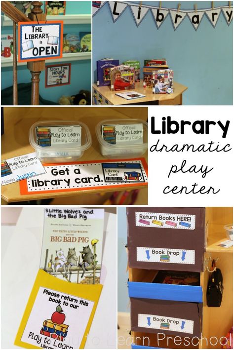 Your children can read their favorite books, be librarians at storytime, and even check out books with their own cards in the "Library Dramatic Play" center. via @PlayToLearnPS Library Dramatic Play, Role Play Ideas, Preschool Library, Dramatic Play Themes, Dramatic Play Center, Purposeful Play, Library Center, Role Play Areas, Prop Box