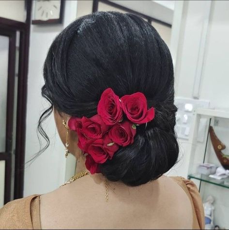 Adorable Artificial Flower Buns for Any Occasion Traditional Low Bun Hairstyles, Mexican Bun Hairstyles, Hair Bun With Red Roses, Side Rose Hairstyle Indian, Hairstyle For Mother Of The Bride Indian, Juda Hairstyle Buns Saree, Gajra Hairstyle, Flower Bun Hairstyle, Indian Bun Hairstyles