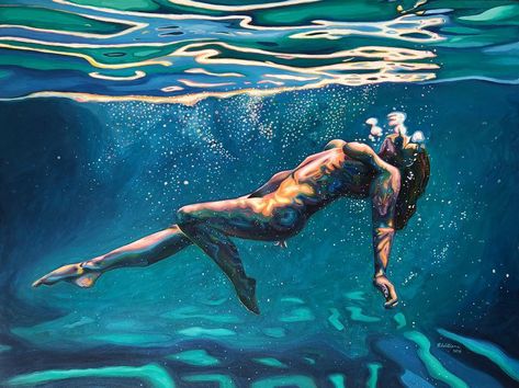 Under The Ocean Painting, Women Art Reference, Under The Sea Painting, The Ocean Painting, Under The Sea Art, The Sea Painting, Under The Ocean, Water Swimming, Artist Work