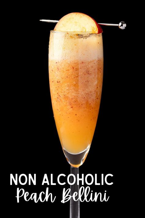 Virgin Peach Bellini Recipe, Non Alcoholic Bellini, Peach Bellini Mocktail Recipe, Peach Drink Recipes Nonalcoholic, Peach Mocktail Recipe, Peach Drinks Non Alcoholic, Peach Mocktail Non Alcoholic, Peach Bellini Mocktail, Bellini Mocktail