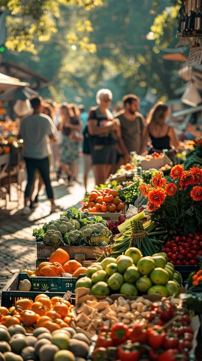 A vibrant market scene bustling with activity as people shop for fresh fruits, vegetables, and flowers. Farmers Market Aesthetic, Fresh Produce Market, Fresh Food Market, Farmers Market Display, Market Scene, Fall Produce, Produce Market, Fresh Flower Market, Manifesting Vision Board